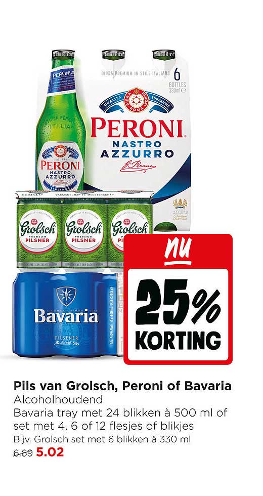 Pils van Grolsch, Peroni of Bavaria 25% KORTING