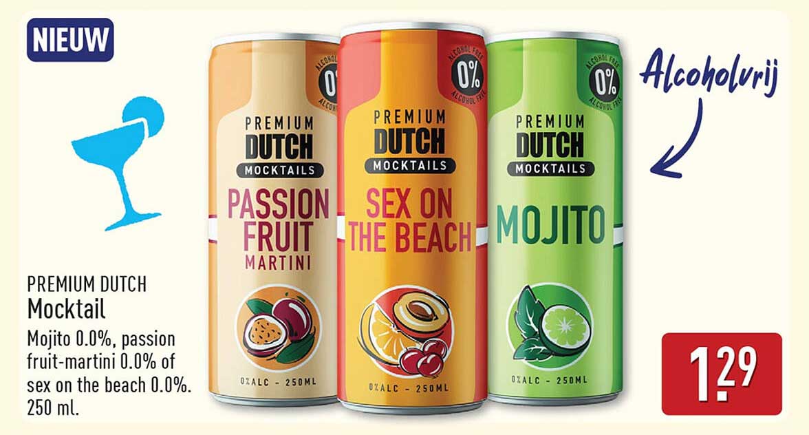 PREMIUM DUTCH Mocktail Mojito 0.0%, passion fruit-martini 0.0% of sex on the beach 0.0%. 250 ml.