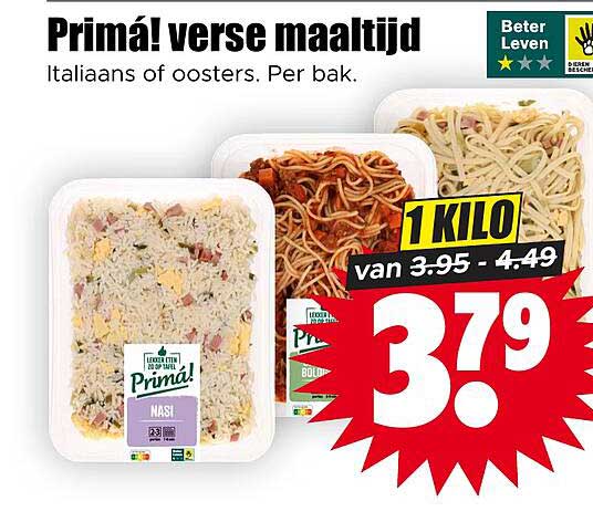 Primá! verse maaltijd Italiaans of oosters. Per bak. 1 KILO van 3.95 - 4.49