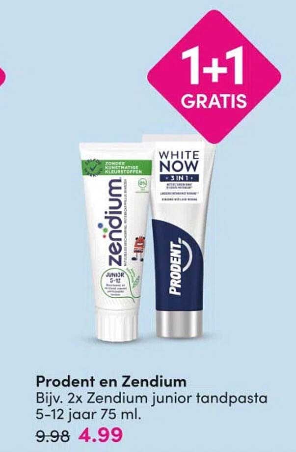 Prodent en Zendium Bijv. 2x Zendium junior tandpasta 5-12 jaar 75 ml. 1+1 GRATIS