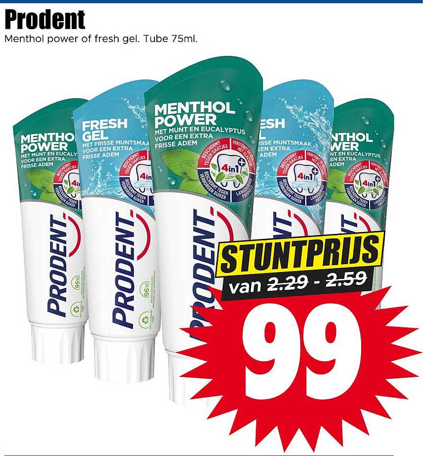 Prodent Menthol power of fresh gel. Tube 75ml.