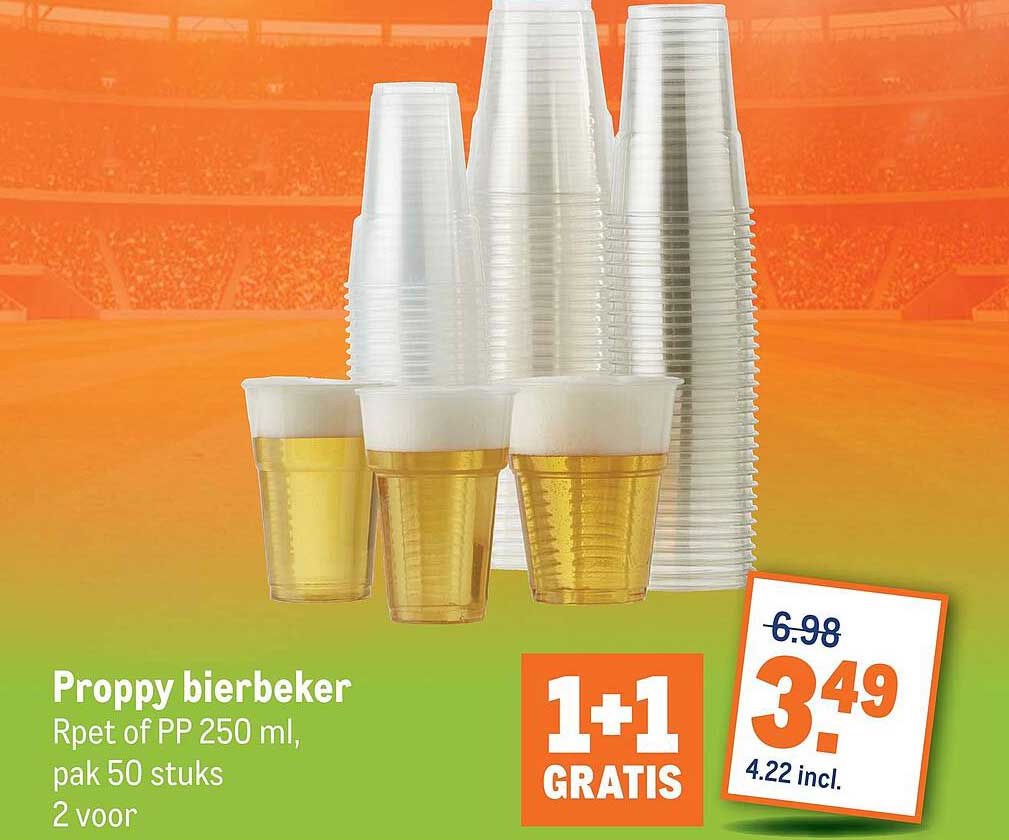 Proppy bierbeker Rpet of PP 250 ml, pak 50 stuks 2 voor 1+1 GRATIS