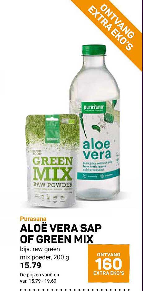 Purasana ALOË VERA SAP OF GREEN MIX bijv. raw green mix poeder, 200 g ONTVANG 160 EXTRA EKO'S