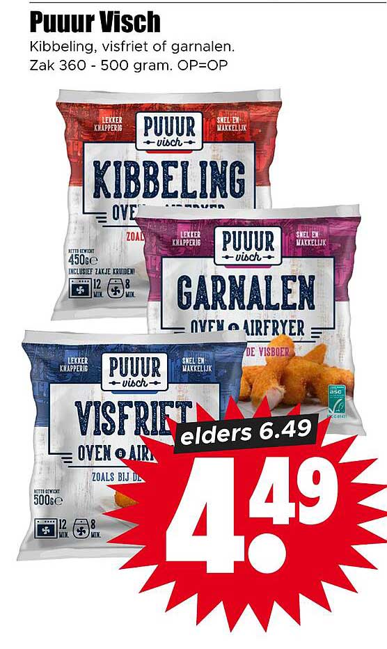 Puuur Visch Kibbeling, visfriet of garnalen. Zak 360 - 500 gram. OP=OP