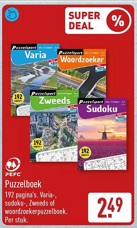 Puzzelboek 192 pagina's. Varia-, sudoku-, Zweeds of woordzoekerpuzzelboek. Per stuk.