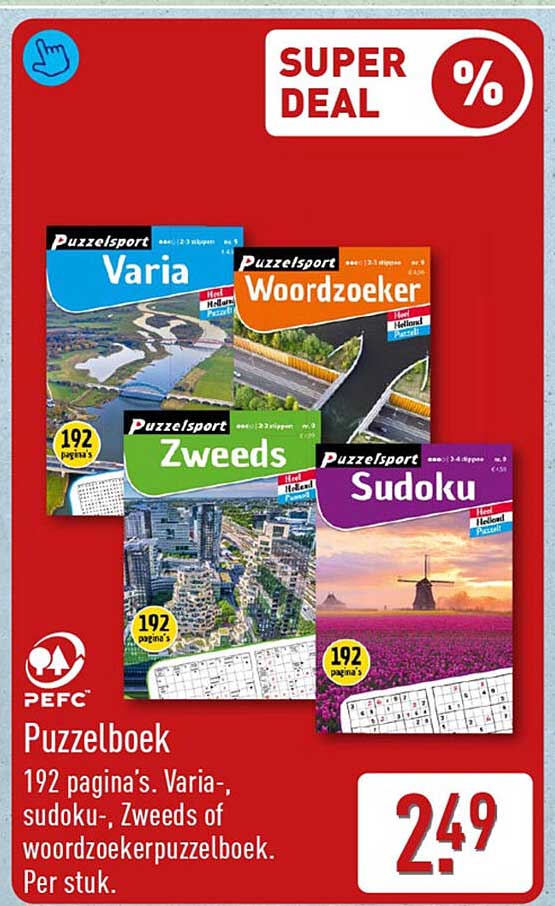 Puzzelboek 192 pagina's. Varia-, sudoku-, Zweeds of woordzoekerpuzzelboek. Per stuk.