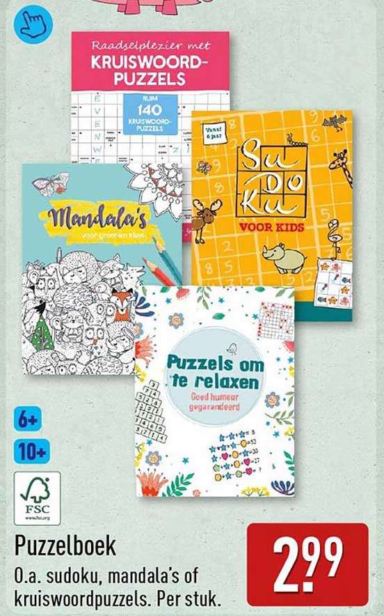Puzzelboek o.a. sudoku, mandala’s of kruiswoordpuzzels. Per stuk.
