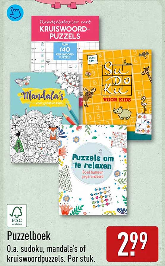 Puzzelboek O.a. sudoku, mandala’s of kruiswoordpuzzels. Per stuk.