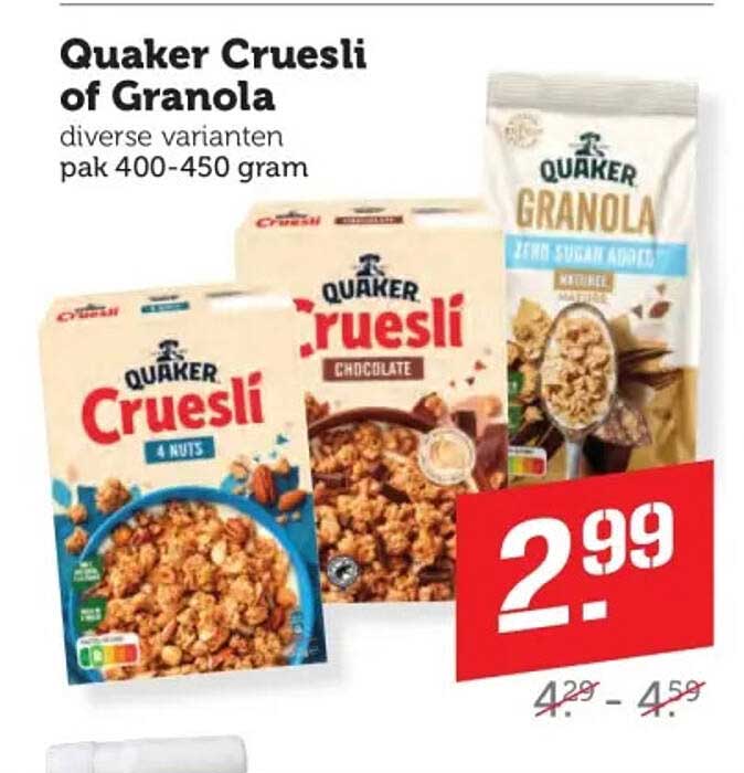 Quaker Cruesli of Granola diverse varianten pak 400-450 gram