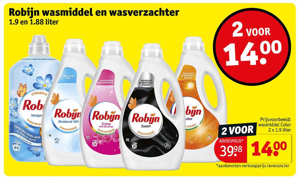 Robijn wasmiddel en wasverzachter 1.9 en 1.88 liter 2 voor 14.00