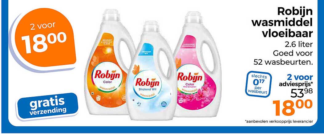 Robijn wasmiddel vloeibaar 2.6 liter Goed voor 52 wasbeurten. gratis verzending 2 voor