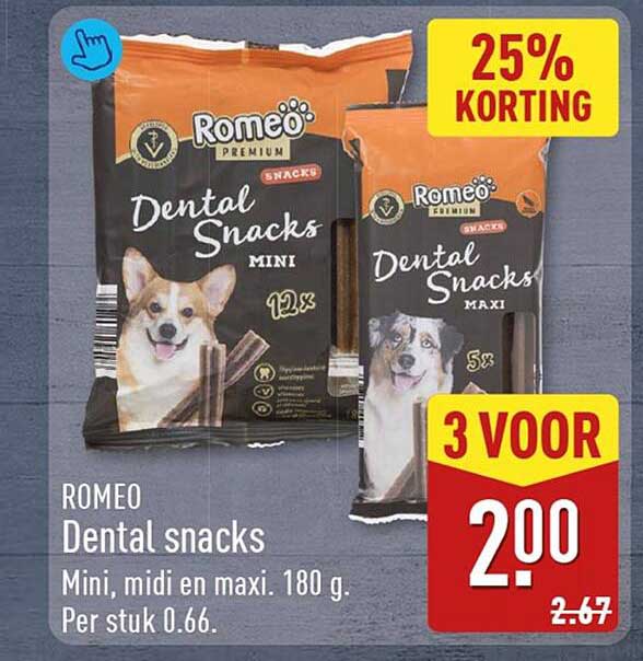 ROMEO Dental snacks Mini, midi en maxi. 180 g. Per stuk 0.66. 3 voor 2.00