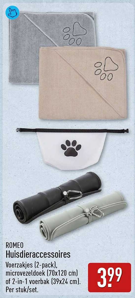 ROMEO Huisdieraccessoires Voerzakjes (2-pack), microvezeldoek (70x120 cm) of 2-in-1 voerbak (39x24 cm). Per stuk/set.