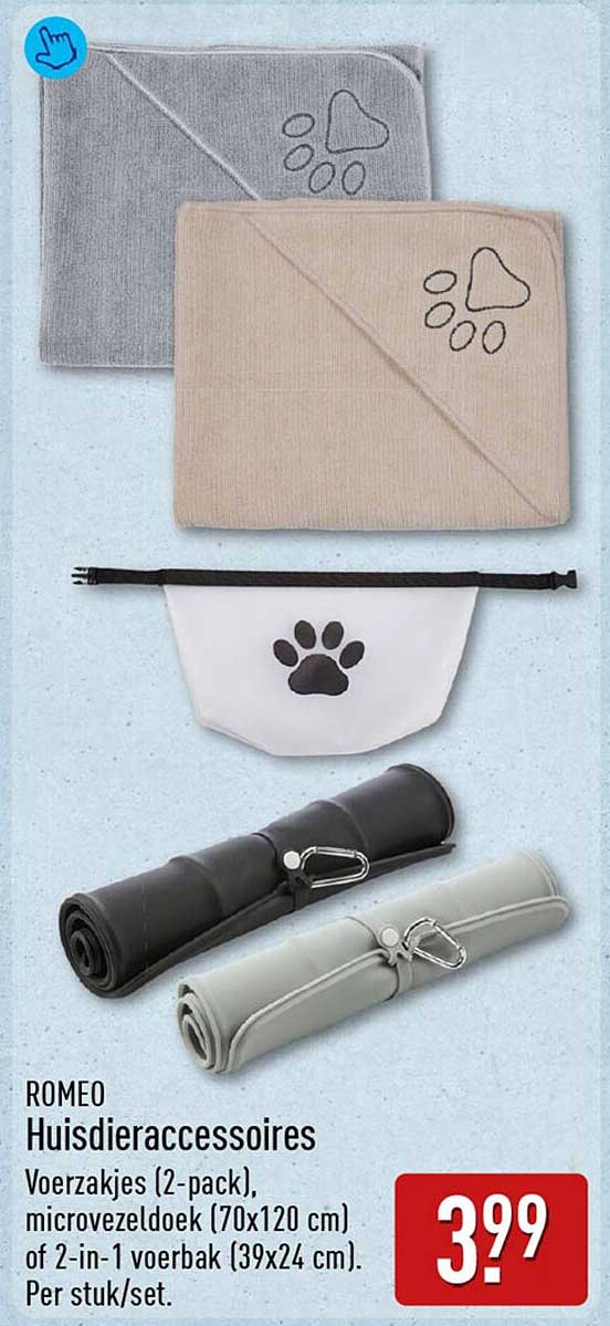ROMEO Huisdieraccessoires Voerzakjes (2-pack), microvezeldoek (70x120 cm) of 2-in-1 voerbak (39x24 cm). Per stuk/set.