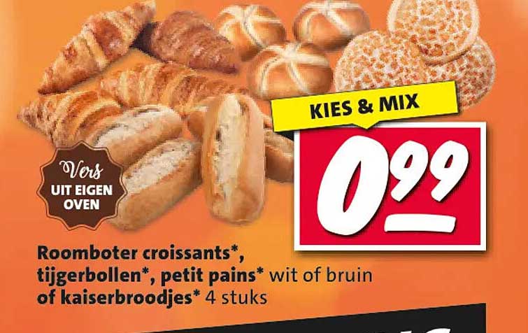 Roomboter croissants*, tijgerbollen*, petit pains* wit of bruin of kaiserbroodjes* 4 stuks KIES & MIX