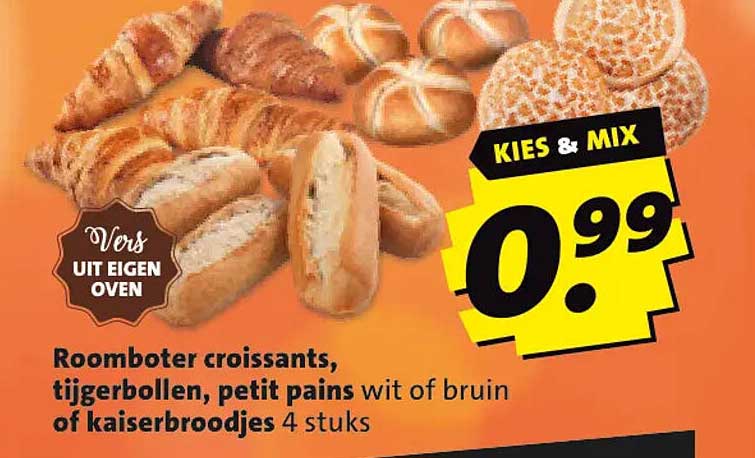 Roomboter croissants, tijgerbollen, petit pains wit of bruin of kaiserbroodjes 4 stuks KIES & MIX