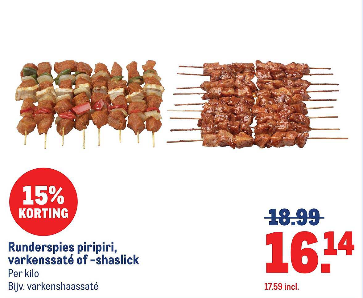 Runderspies piripiri, varkenssaté of -shaslick 15% KORTING