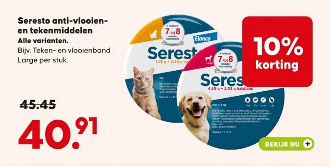 Seresto anti-vlooien- en tekenmiddelen Alle varianten. Bijv. Teken- en vlooienband Large per stuk. 10% korting