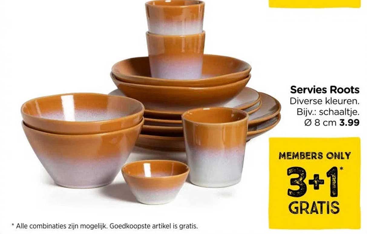 Servies Roots Diverse kleuren. Bijv.: schaaltje. Ø 8 cm 3.99 3+1 GRATIS