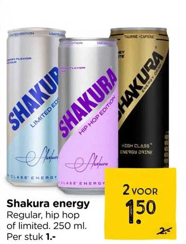 Shakura energy Regular, hip hop of limited. 250 ml. Per stuk 1.-