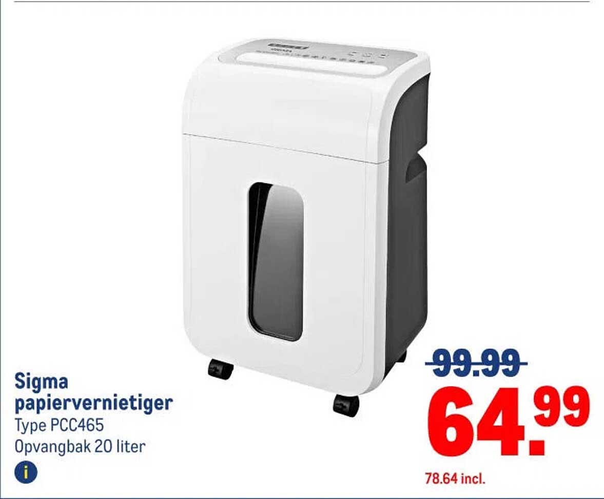 Sigma papiervernietiger Type PCC465 Opvangbak 20 liter