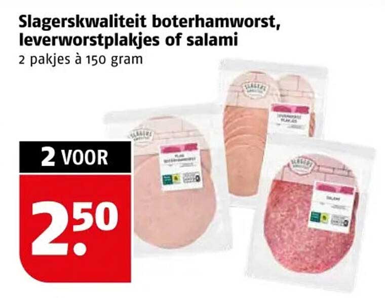 Slagerskwaliteit boterhamworst, leverworstplakjes of salami 2 pakjes à 150 gram