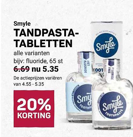 Smyle TANDPASTA-TABLETTEN alle varianten bijv: fluoride, 65 st 20% KORTING