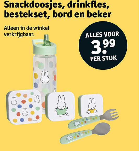 Snackdoosjes, drinkfles, bestekset, bord en beker