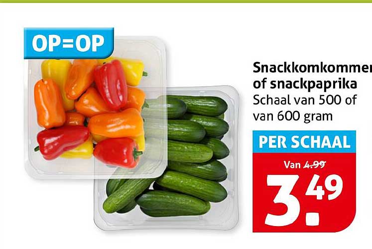 Snackkomkommer of snackpaprika Schaalt van 500 of van 600 gram