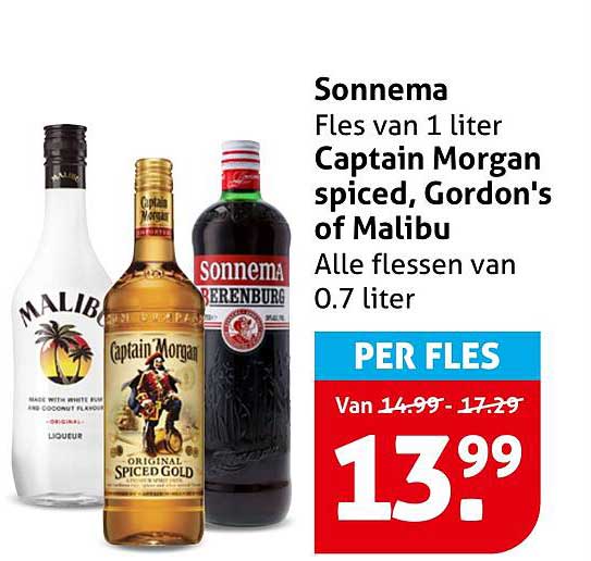 Sonnema Fles van 1 liter Captain Morgan spiced, Gordon's of Malibu Alle flessen van 0.7 liter PER FLES
