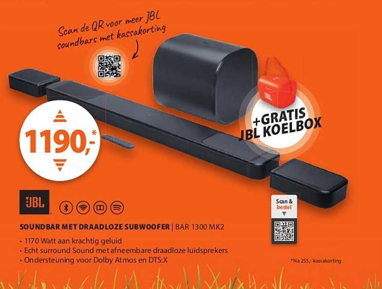 SOUNDBAR MET DRAADLOZE SUBWOOFER | BAR 1300 MK2 +GRATIS JBL KOELBOX
