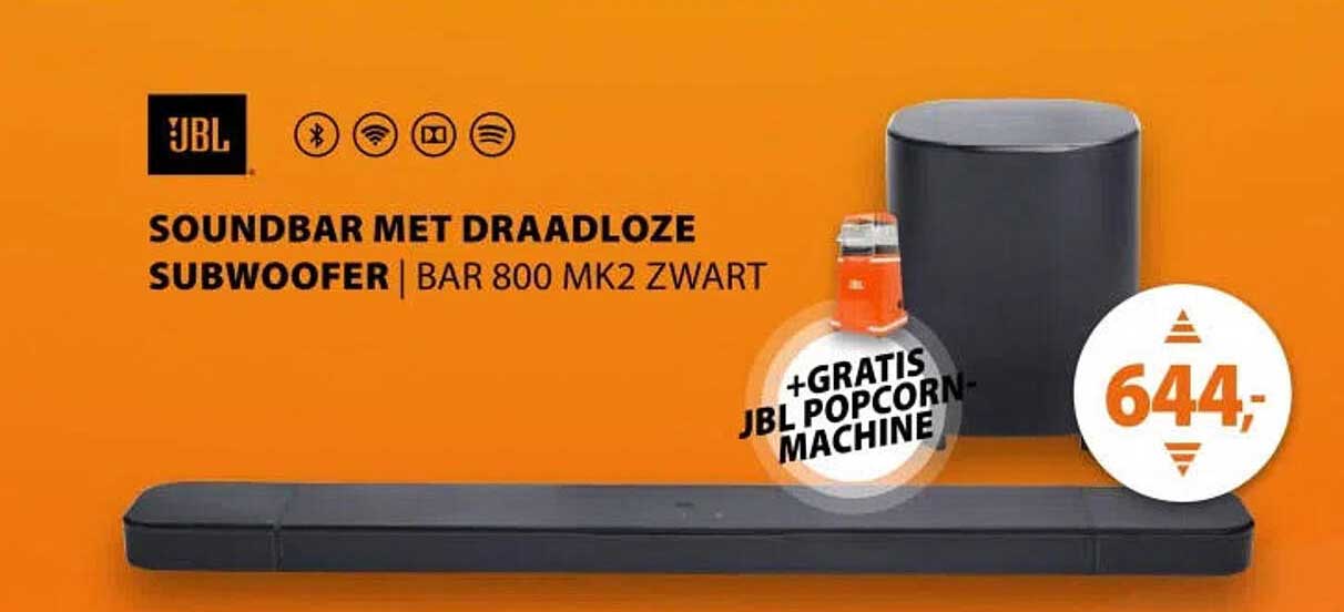 SOUNDBAR MET DRAADLOZE SUBWOOFER | BAR 800 MK2 ZWART +GRATIS JBL POPCORN-MACHINE