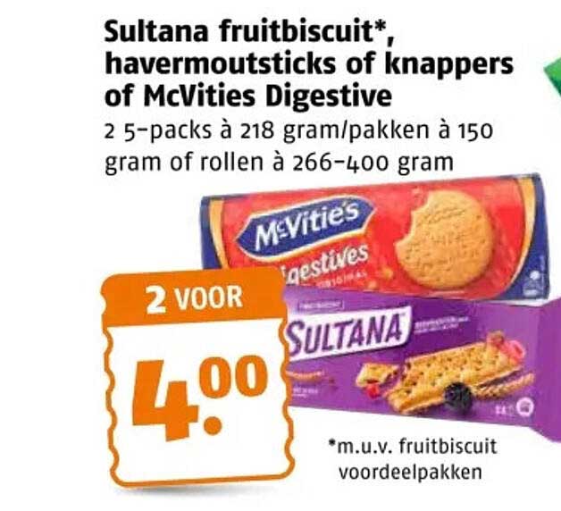 Sultana fruitbiscuit, havermoutsticks of knappers of McVities Digestive