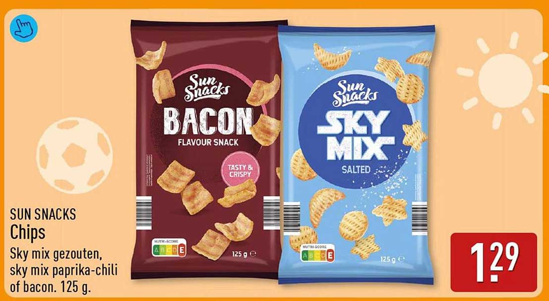 SUN SNACKS Chips Sky mix gezouten, sky mix paprika-chili of bacon. 125 g.