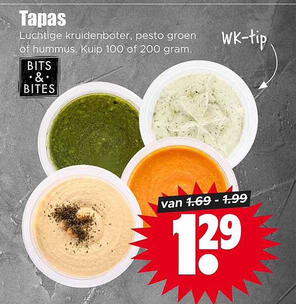 Tapas Luchtige kruidenboter, pesto groen of hummus. Kuip 100 of 200 gram.