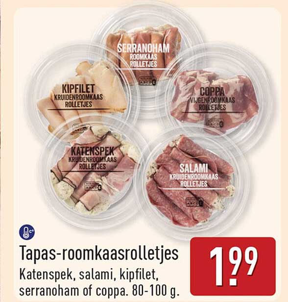 Tapas-roomkaasrolletjes Katenspek, salami, kipfilet, serranoham of coppa. 80-100 g.