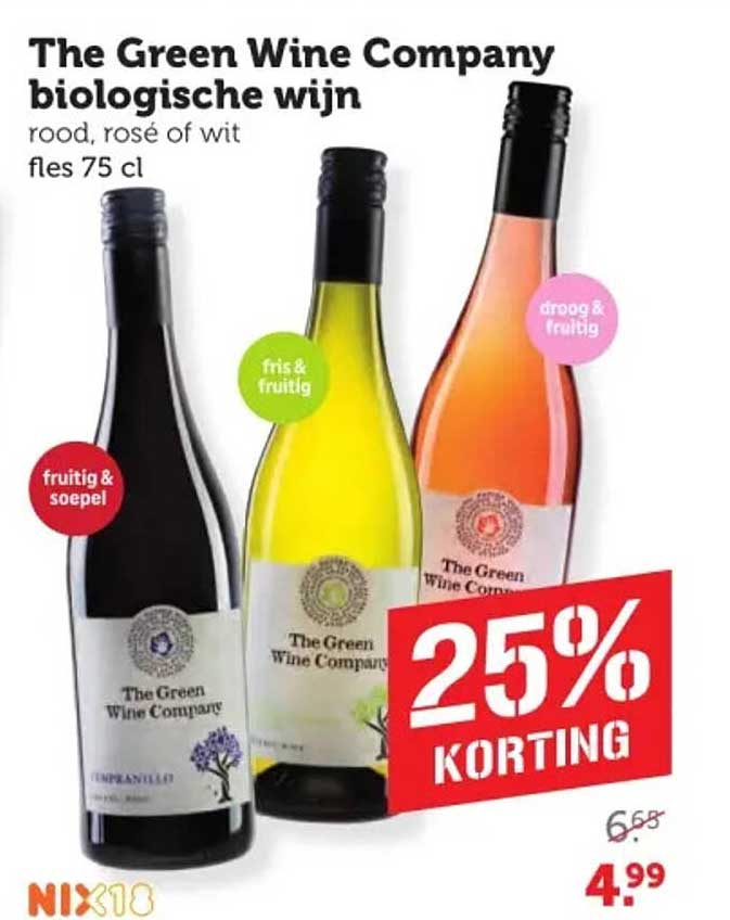 The Green Wine Company biologische wijn rood, rosé of wit fles 75 cl 25% korting