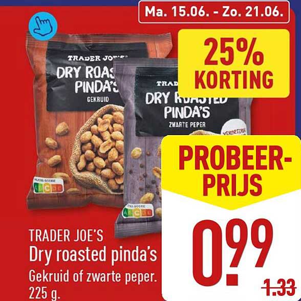 TRADER JOE'S Dry roasted pinda's Gekruid of zwarte peper. 225 g. 25% KORTING PROBEER-PRIJS