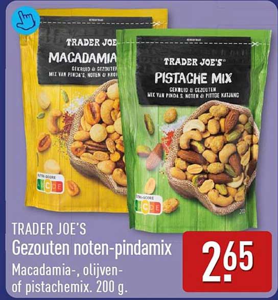 TRADER JOE’S Gezouten noten-pindamix Macadamia-, olijven- of pistachemix. 200 g.