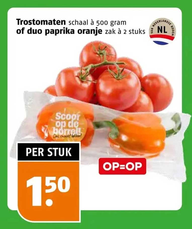 Trostomaten schaal à 500 gram of duo paprika oranje zak à 2 stuks PER STUK OP=OP