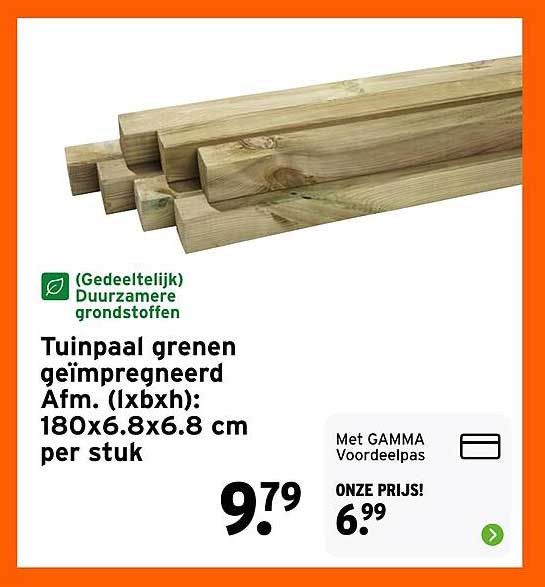 Tuinpaal grenen geïmpregneerd Afm. (lxbxh): 180x6.8x6.8 cm per stuk