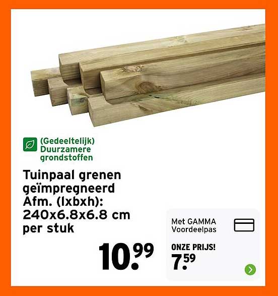 Tuinpaal grenen geïmpregneerd Afm. (lxbxh): 240x6.8x6.8 cm per stuk