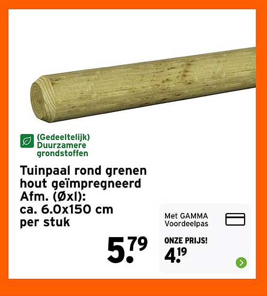 Tuinpaal rond grenen hout geïmpregneerd Afm. (ØxL): ca. 6.0x150 cm per stuk