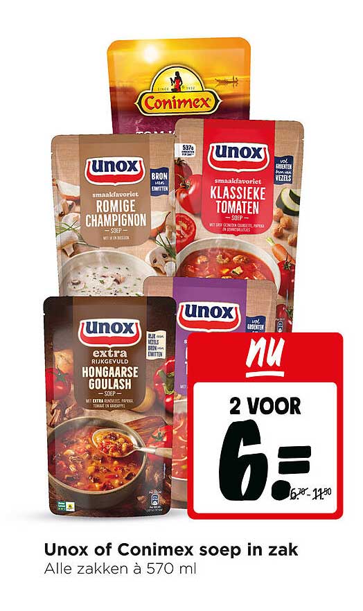 Unox of Conimex soep in zak 2 voor 6=