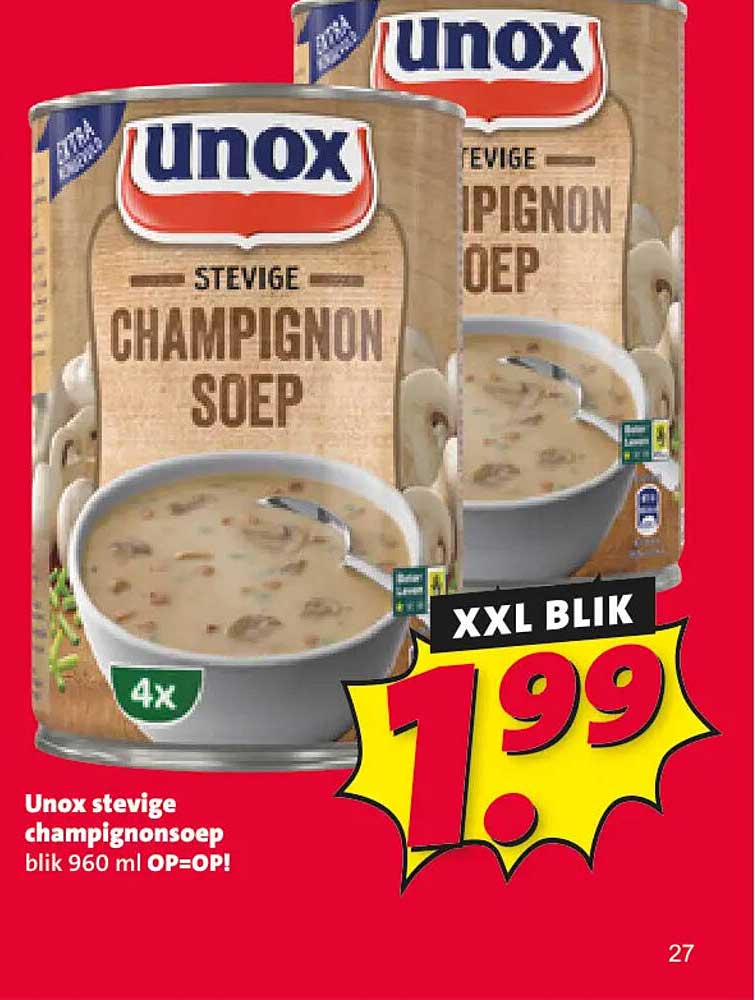 Unox stevige champignonsoep blik 960 ml OP=OP! XXL BLIK