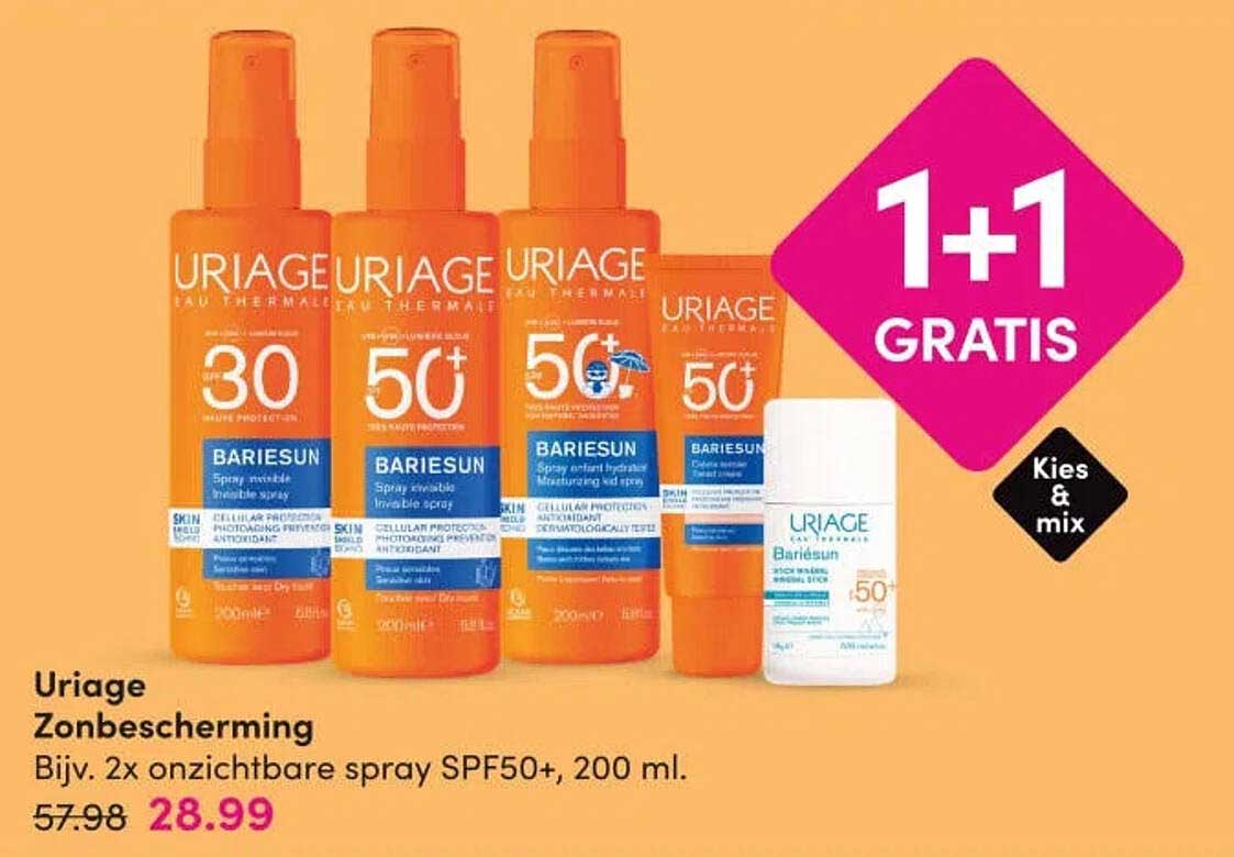 Uriage Zonnebescherming Bijv. 2x onzichtbare spray SPF50+, 200 ml. 1+1 GRATIS
