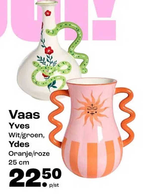 Vaas Yves Wit/groen, Ydes Oranje/roze 25 cm