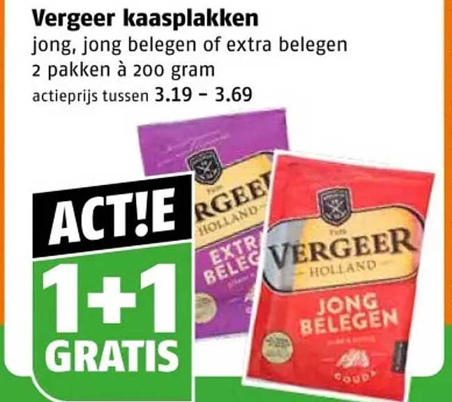 Vergeer kaasplakken jong, jong belegen of extra belegen 2 pakken à 200 gram ACT!E 1+1 GRATIS