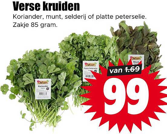 Verse kruiden - Koriander, munt, selderij of platte peterselie. Zakje 85 gram.