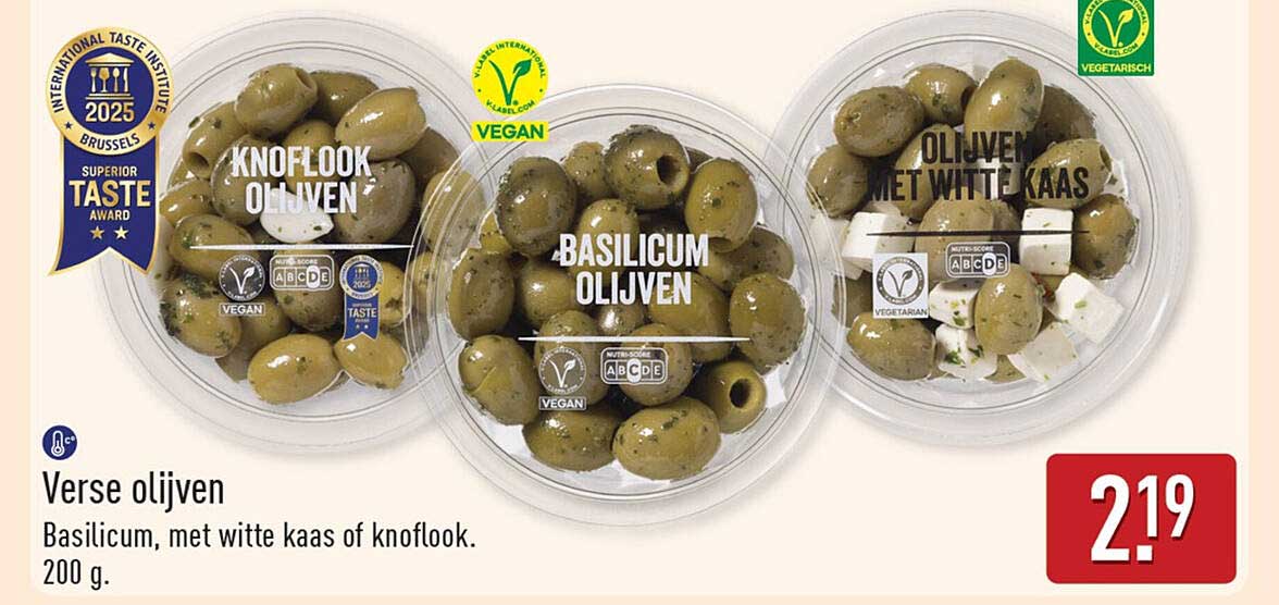 Verse olijven Basilicum, met witte kaas of knoflook. 200 g.